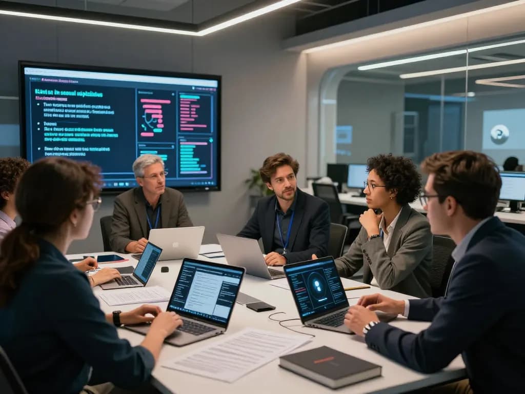 Group discussing the implications of ai sex in a modern tech lab, showcasing ethical considerations and innovative designs.