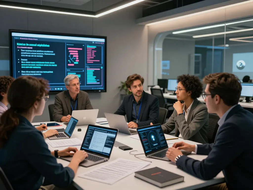 Group discussing the implications of ai sex in a modern tech lab, showcasing ethical considerations and innovative designs.