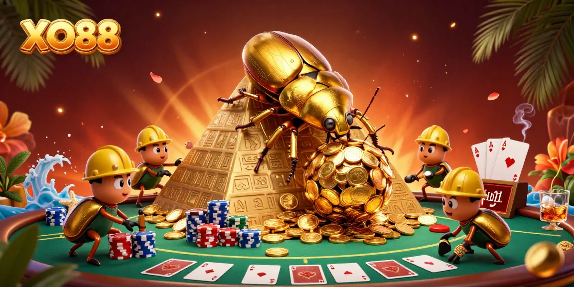 Experience the excitement of XO88 with vibrant casino elements and dynamic characters in a 3D illustration.