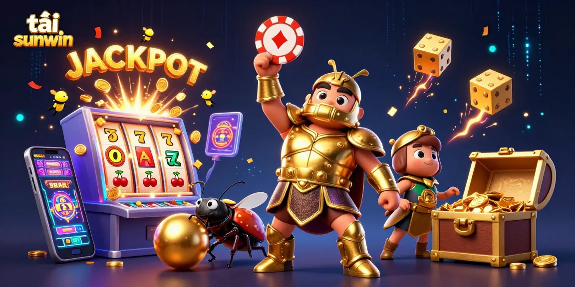 Win big with tải sunwin featuring a victorious beetle alongside casino treasures.