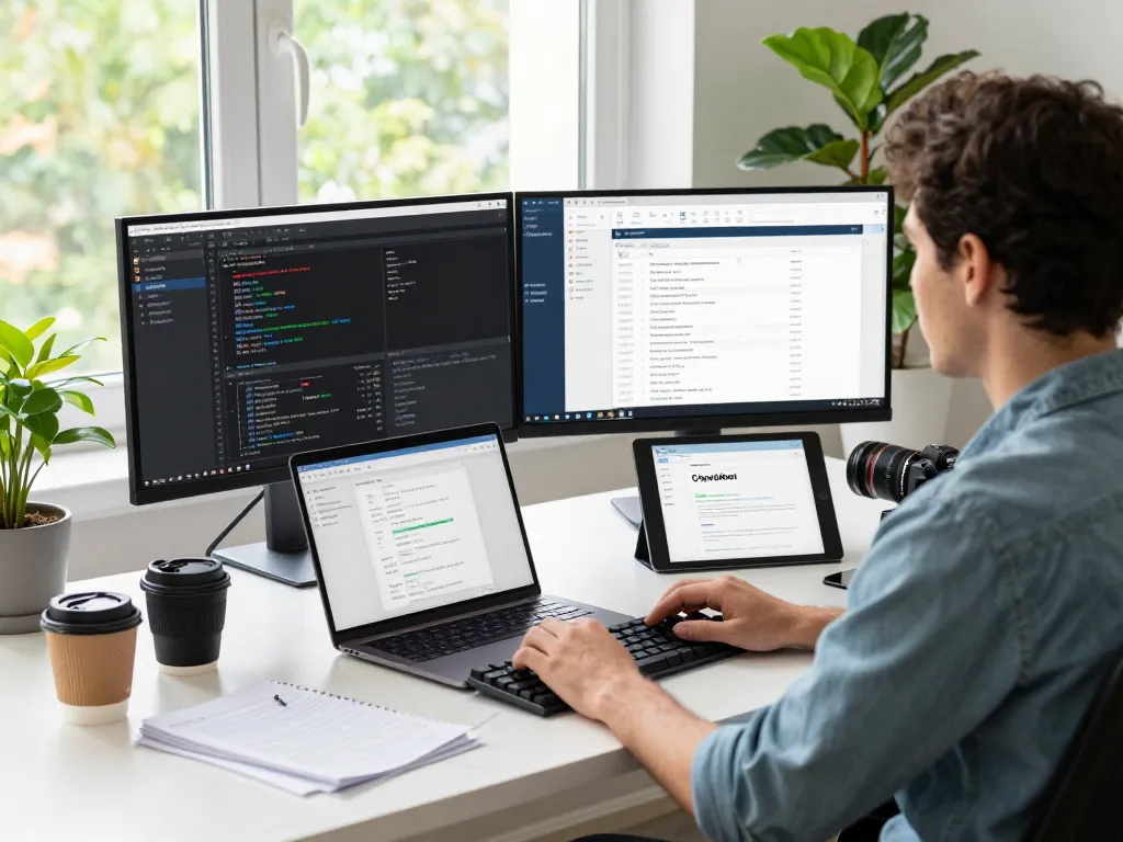 Developer using Clawdbot AI on multiple screens in a vibrant workspace