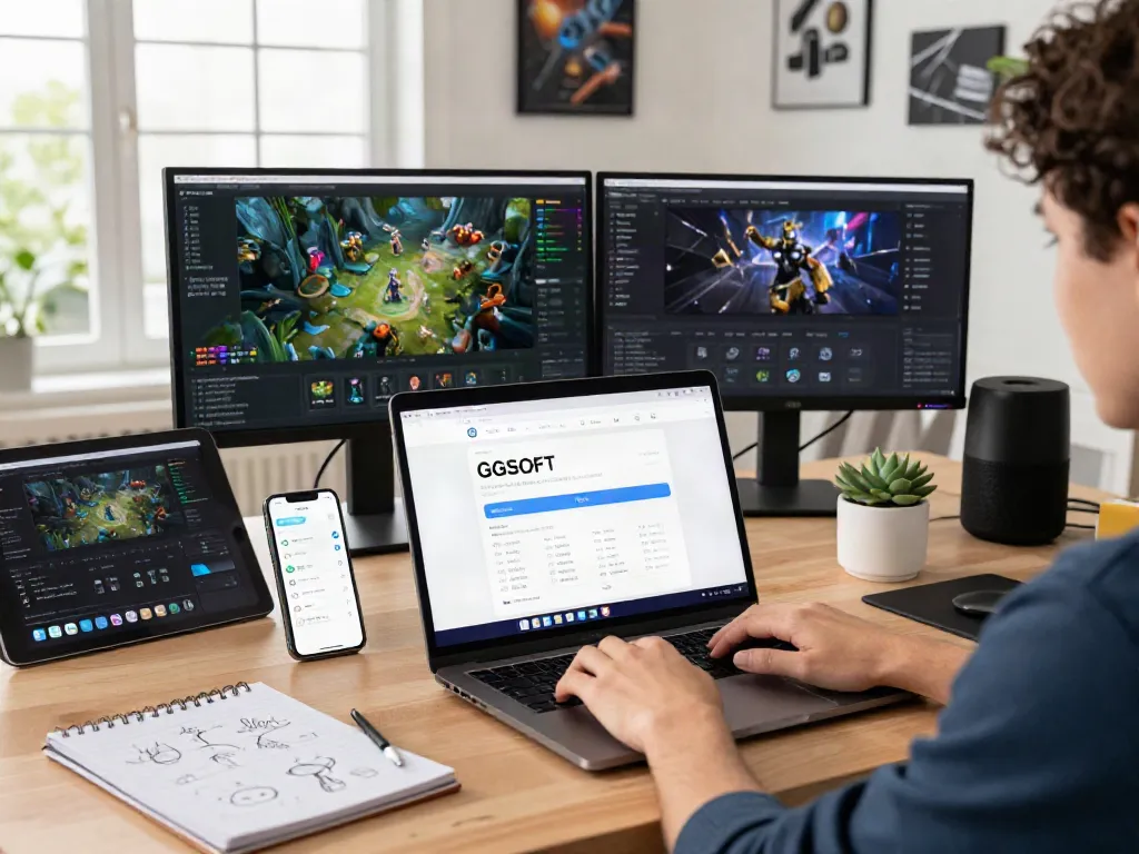 Logging into GGSOFT platform with advanced tech gadgets and modern workspace ambiance created for software developers.