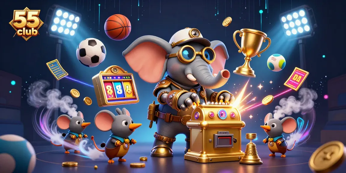 Engage with 55 club's vibrant 3D scene featuring a cartoon elephant engineer and dynamic sports elements.