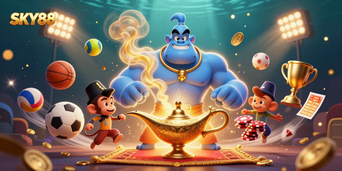 Experience the excitement at SKY88 with a vibrant 3D illustration of casino elements, sports, and a magical genie.