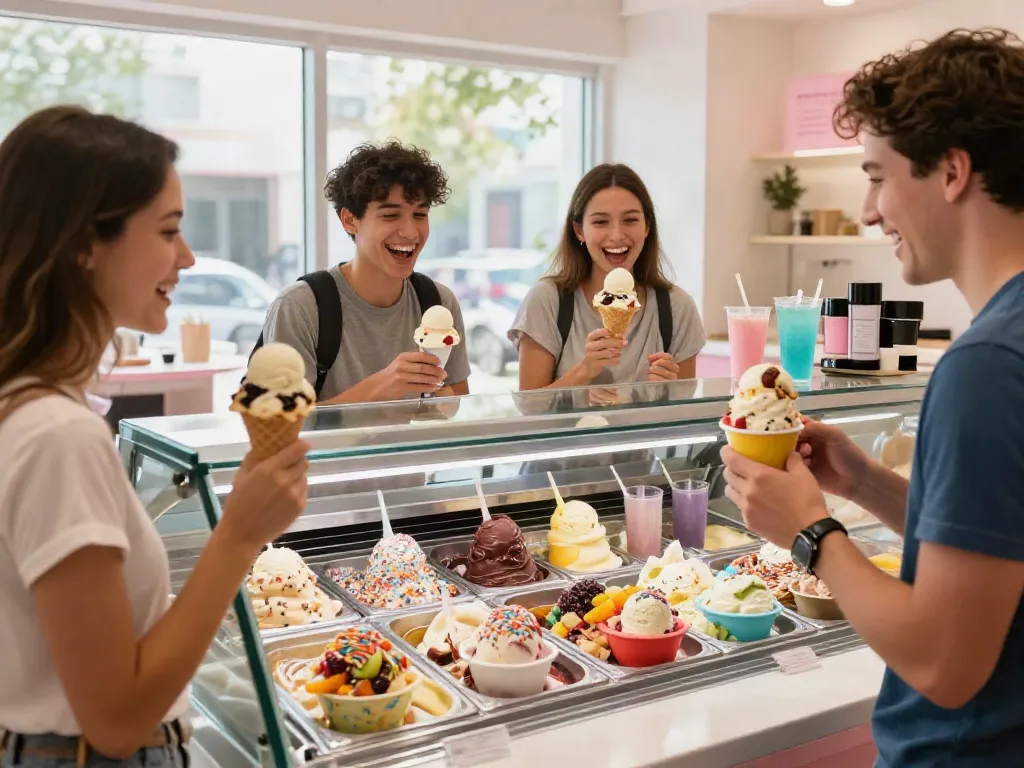 Delightful customers savoring rokok88 unique ice cream flavors in a vibrant parlor.