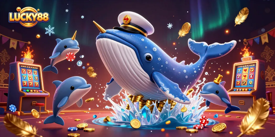 Engage in the excitement of LUCKY88 with a whimsical 3D cartoon scene of a whale, narwhal, and dolphins amidst colorful casino elements.