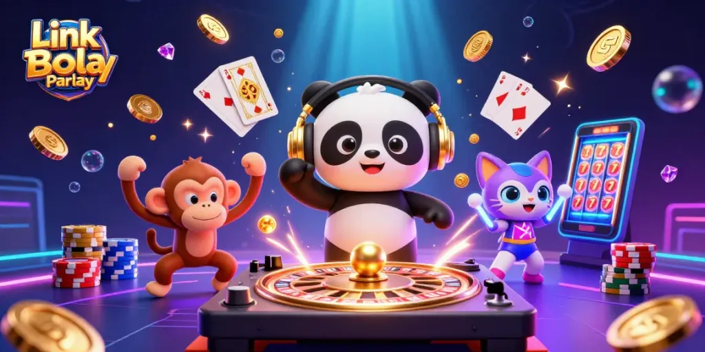 Engage with Link Bola Parlay while enjoying a dynamic scene of a DJ panda and playful casino elements.