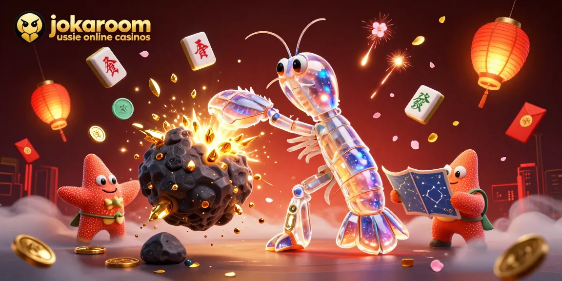 Experience thrilling adventures with jokaroom aussie online casinos in an action-packed 3D illustration showcasing vibrant casino elements.