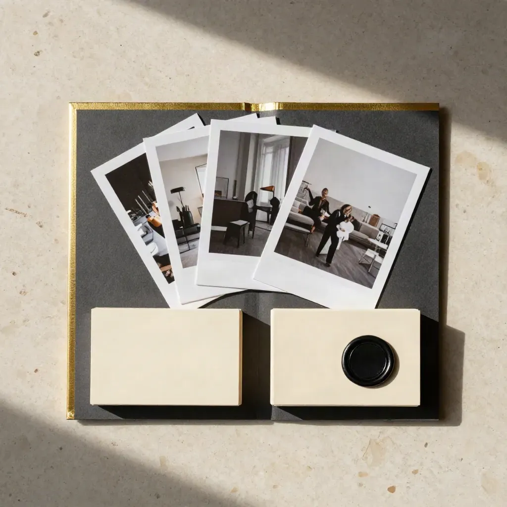 Flat lay di kit stampa VIP con cartellina rigida, stampe fotografiche e sigillo in ceralacca nera.