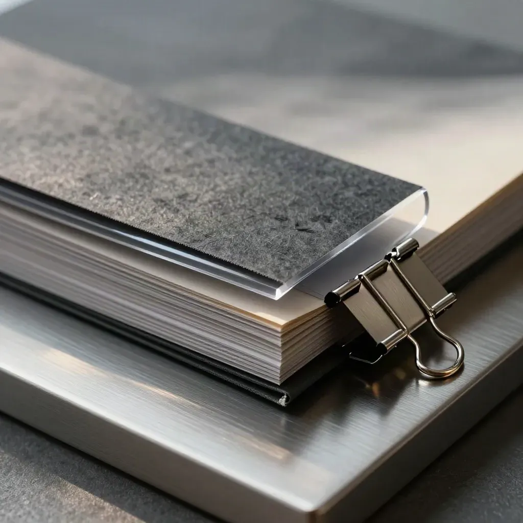 Macro di carta carbone, sleeve trasparente e clip metallica su lastra in pewter.