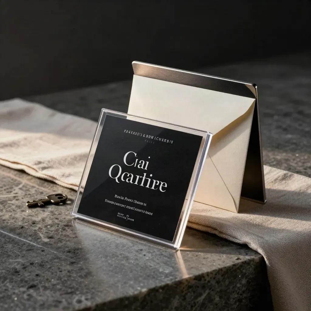 Box creator in acrilico su basalto, con carte nere, busta crema e riflessi drammatici.