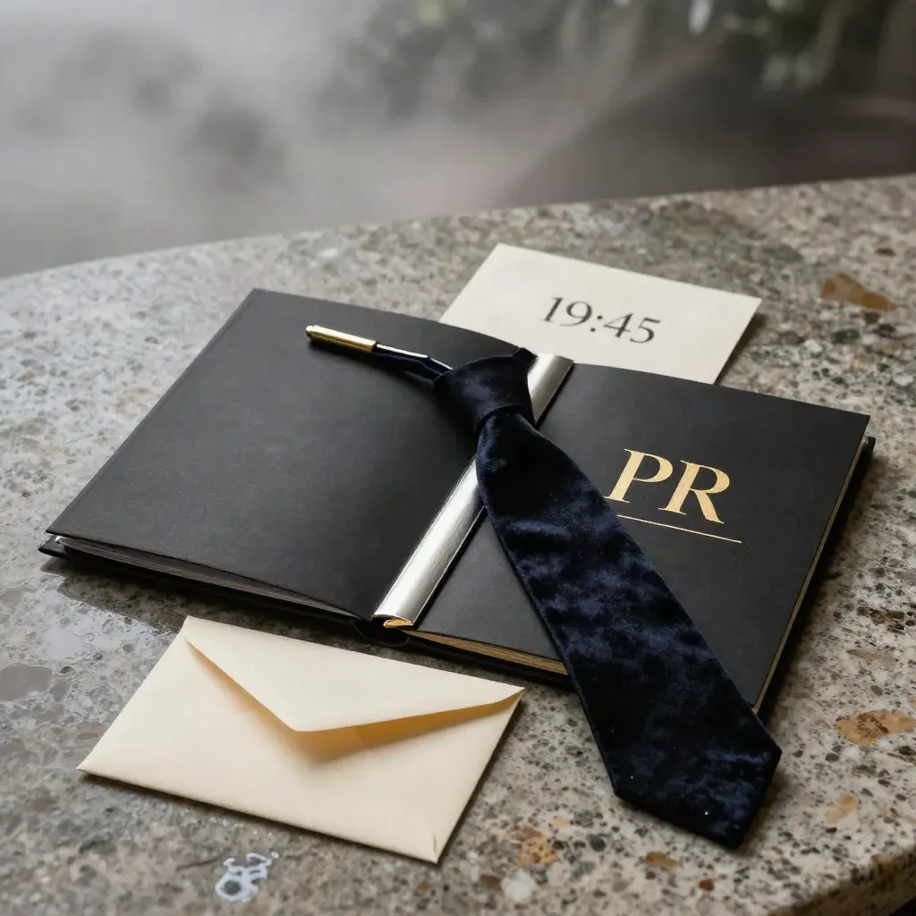 Folio PR nero su travertino bagnato con busta e dettagli oro, luce cinematica.