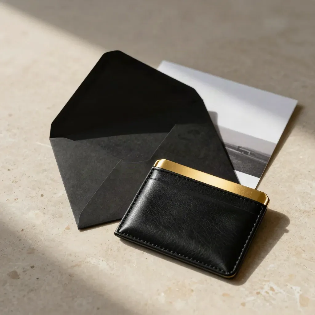 Set nero per creator partnership con booklet bordato oro e luce su travertino.