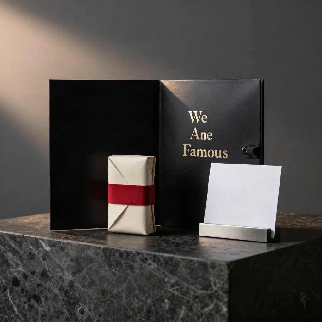 Kit PR nero con campione avvolto e card bianca su piedistallo metallico, luce serale.