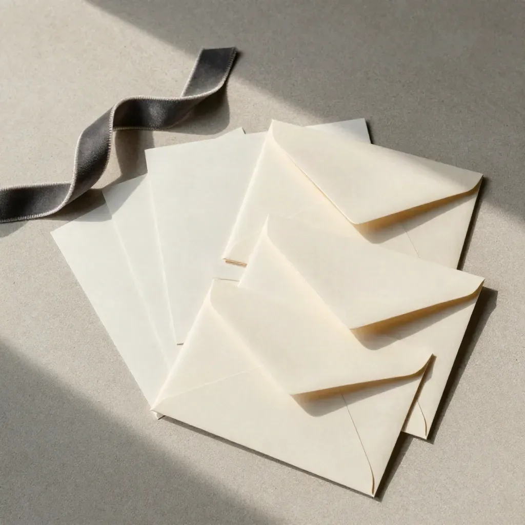 Flat lay dall’alto di carte, buste e nastro in velluto su pietra chiara.