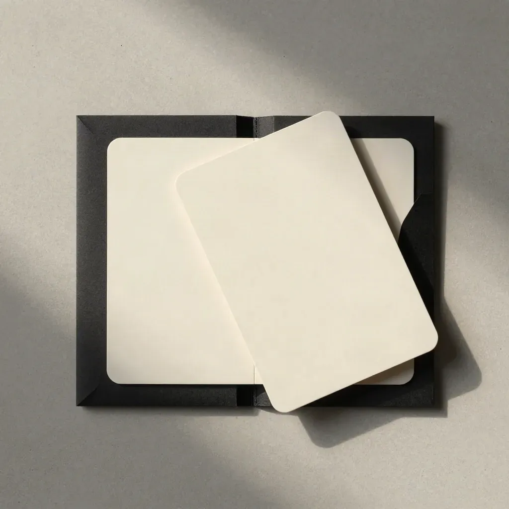 Flatlay dall’alto di due card crema in una custodia nera su lastra di cemento chiaro.