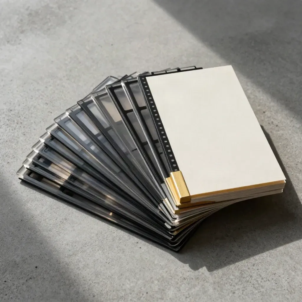 Fascio di card in acetato e divisori neri su cemento, con accento oro, vista dall’alto.