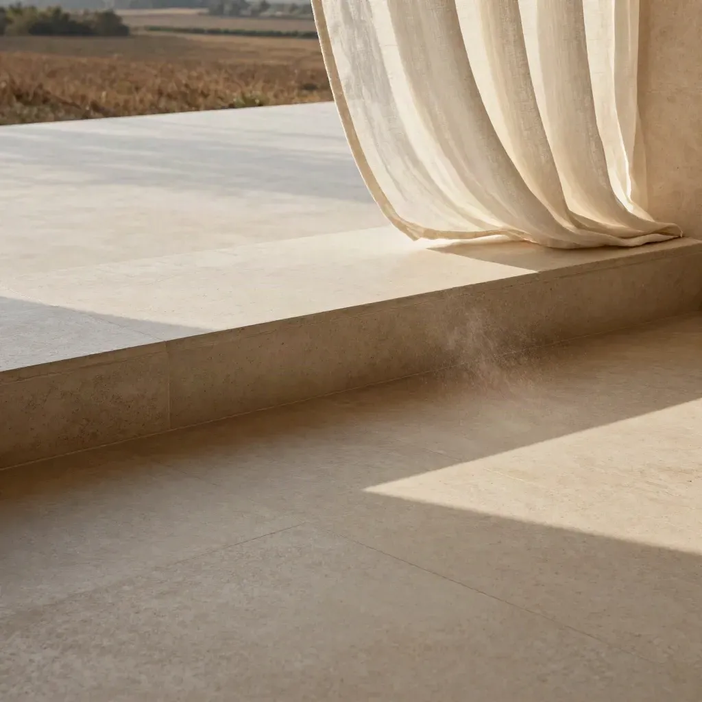 Terrazza in travertino illuminata dal sole con tenda in lino e spazio vuoto per il testo.