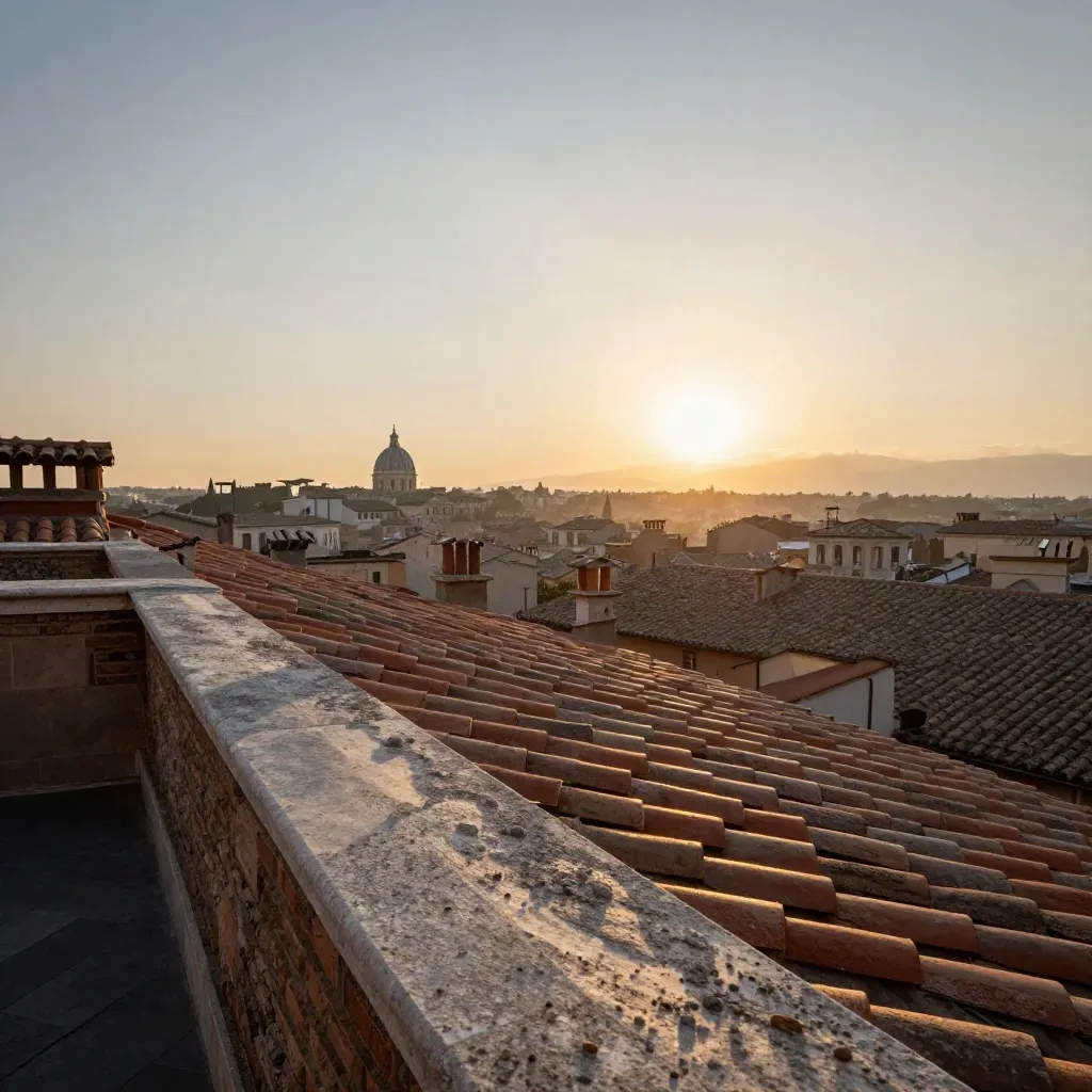 Terrazza romana al tramonto con tetti in terracotta e cupola lontana nella luce dorata