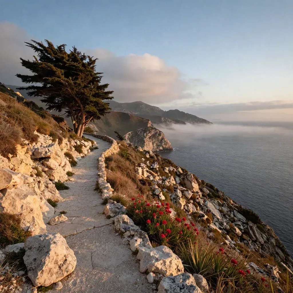 Collina costiera con cipressi, sentiero di pietra e mare scuro nella luce del tramonto.