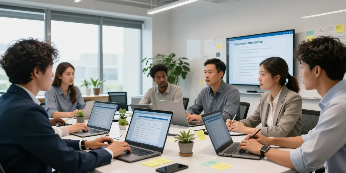 Team discussing the cyber essentials checklist in a modern office setting, showcasing collaborative cybersecurity efforts.
