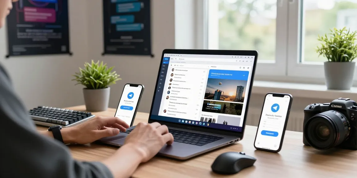 User interacting with the Telegram web version on a modern laptop in an inspiring workspace.