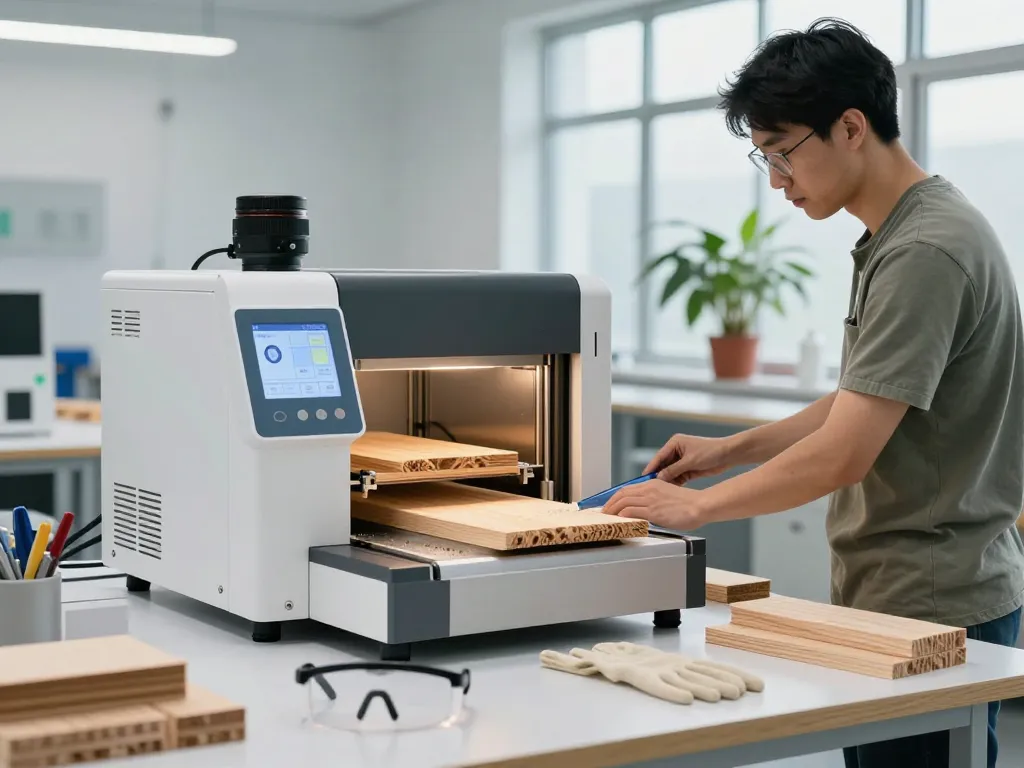 Processo di trattamento del legno al microonde che utilizza trattamento microonde antitarlo in un moderno laboratorio di controllo dei parassiti.