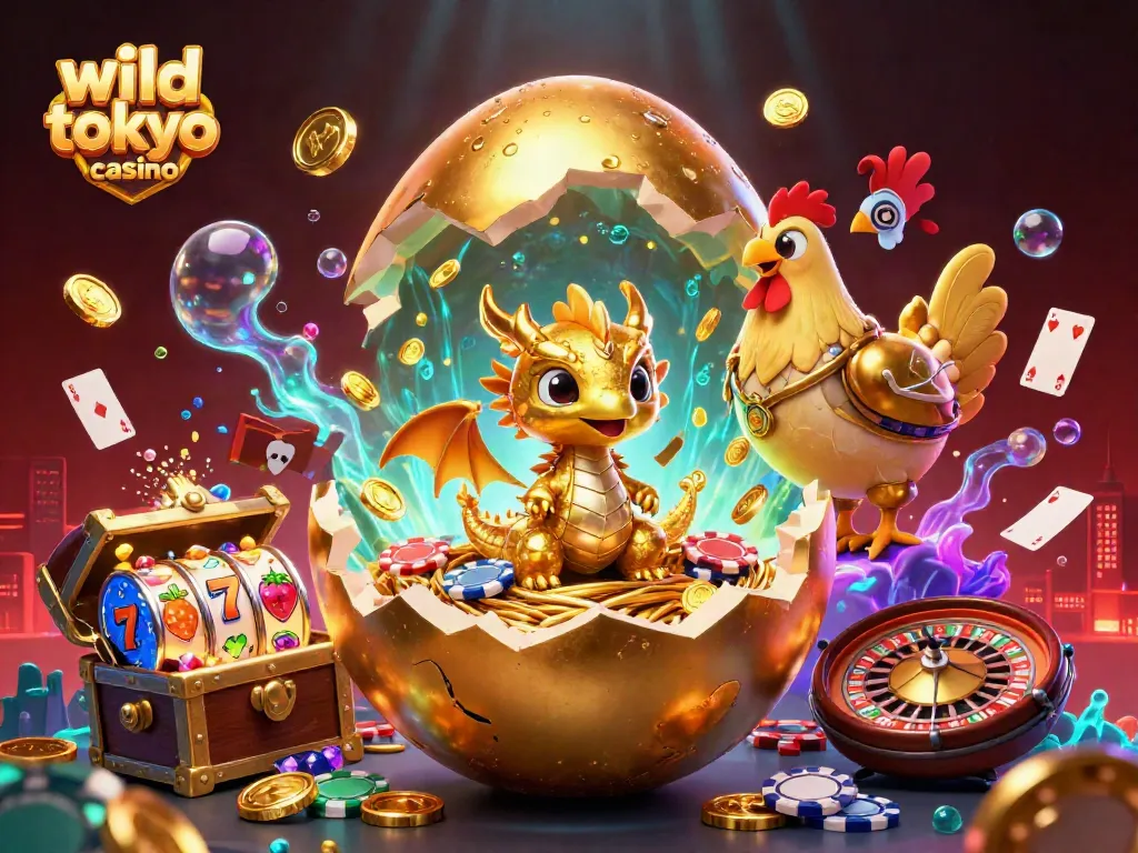 Experience the thrill of wild tokyo casino with majestic golden dragon and slot elements in a vibrant 3D scene.