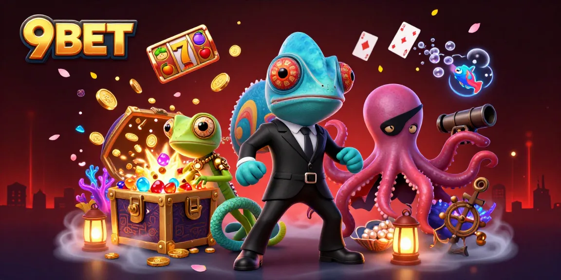 9BET reveals a dynamic casino adventure with a chameleon, gecko, and octopus amidst colorful slots.