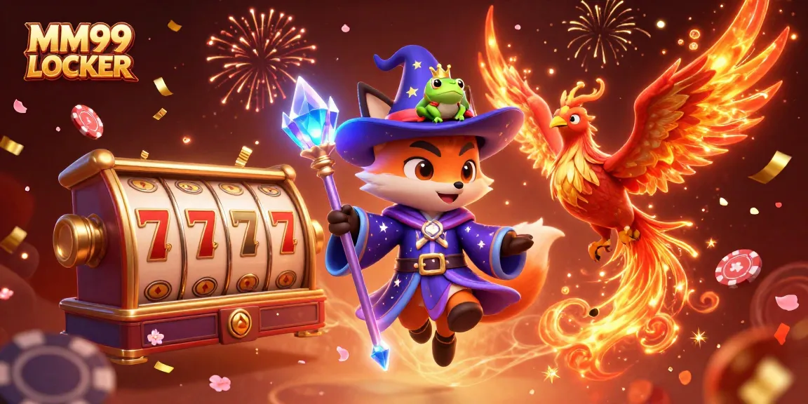 Engage with MM99 LOCKER's vibrant 3D illustration, featuring a mystical fox wizard and fiery phoenix in a casino setting.