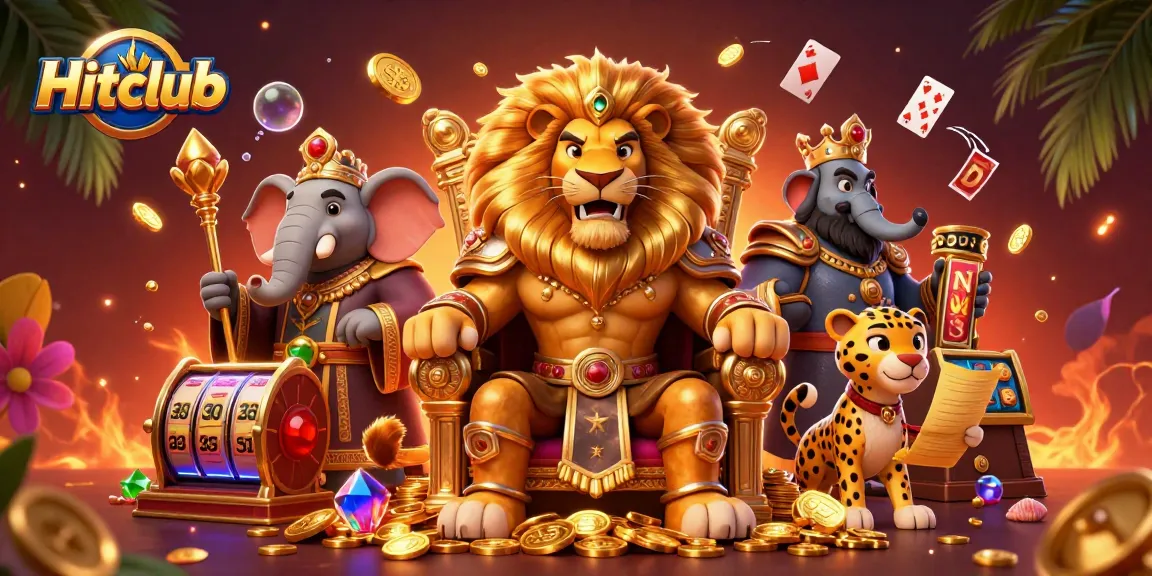 Hitclub offers an exciting gaming experience with a dynamic scene of the lion king celebrating wins with slot reels.