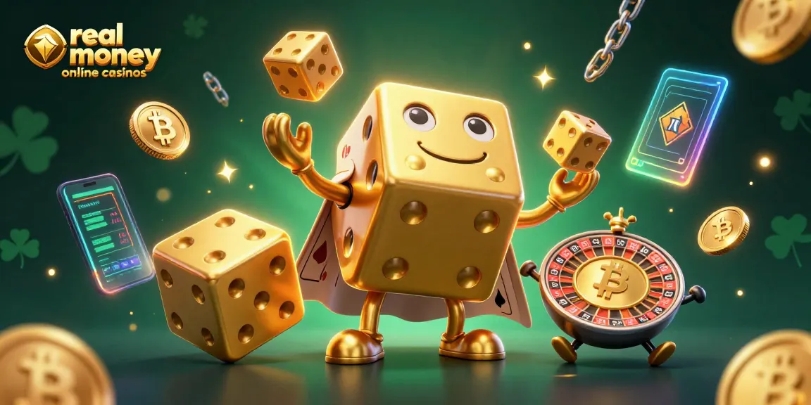 Experience real money online casinos with a vibrant, action-packed scene featuring joyful cartoon characters and crypto elements.